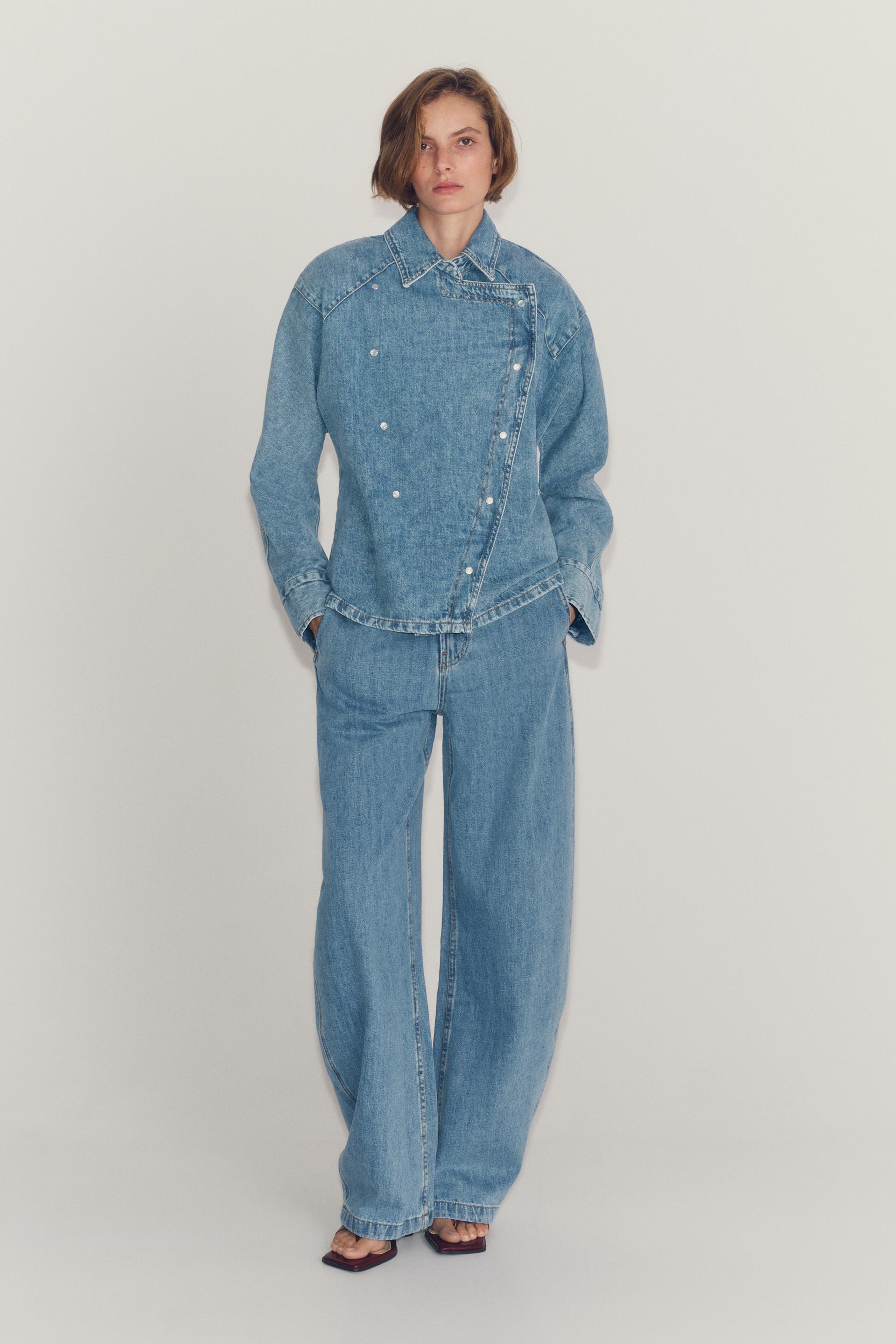 Zara - Zw Collection Denim Shirt With Shoulder Pads - Blue - L - Woman | Zara US
