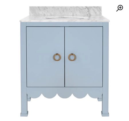 Bathroom vanity with marble top. Comes in blue or this with brass gold hardware and scallop detail cutout at bottom 

#LTKfamily #LTKSpringSale #LTKhome