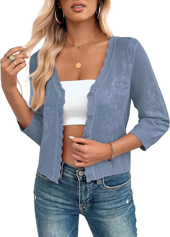 Kate Kasin Women's Cropped Cardigan Sweaters Trendy Lightweight 3/4 Sleeve Button Down Crochet Te... | Amazon (US)