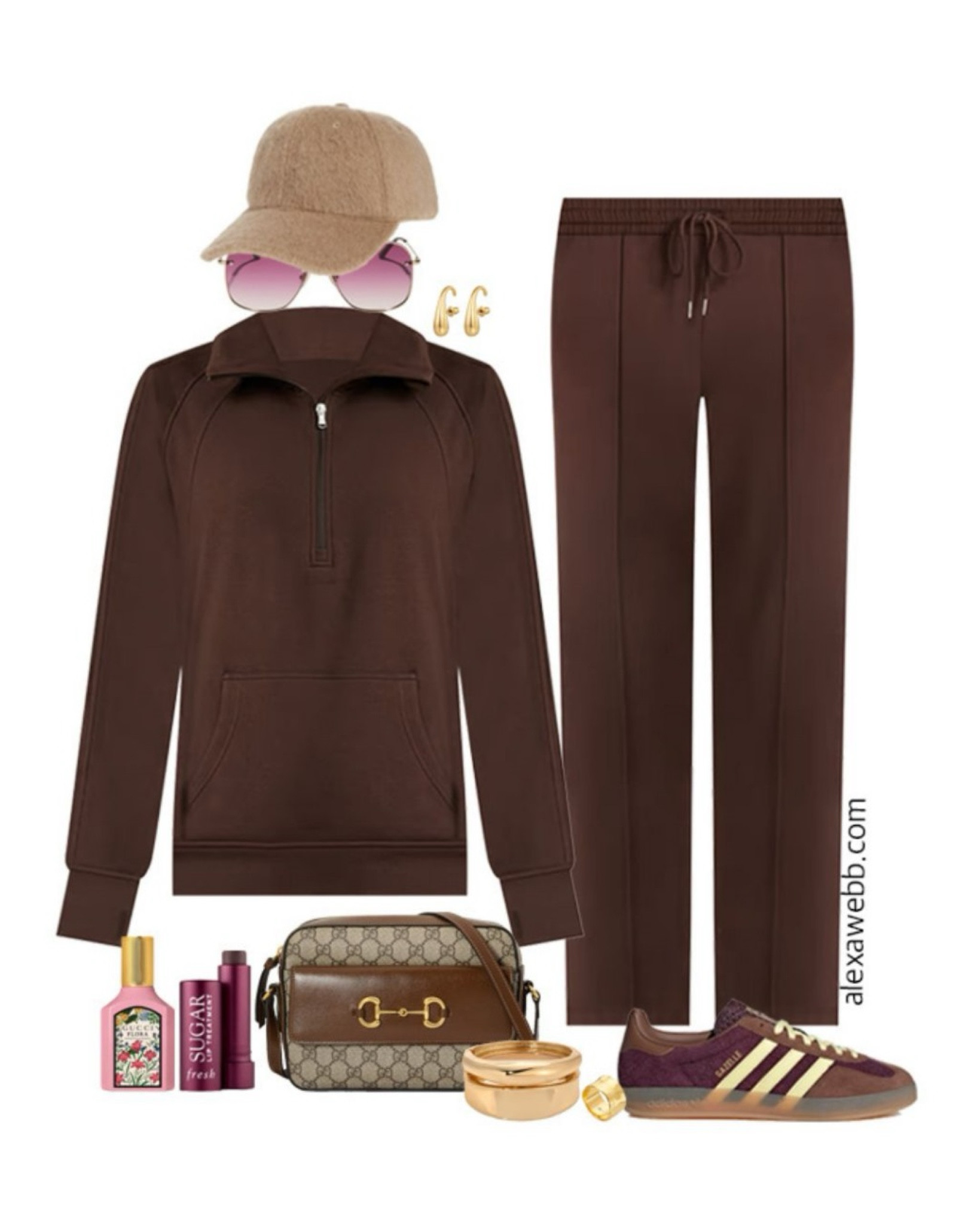 Plus Size Brown Athleisure Set - A plus size comfortable easy outfit idea with a quarter-zip fleece sweatshirt with matching wide leg sweatpants. Wear it with some maroon and brown Adidas Gazelles, a cashmere baseball cap, and a Gucci crossbody bag. Wear this look for errands or casual outings. Alexa Webb #plussize

#LTKStyleTip #LTKPlusSize #LTKOver40