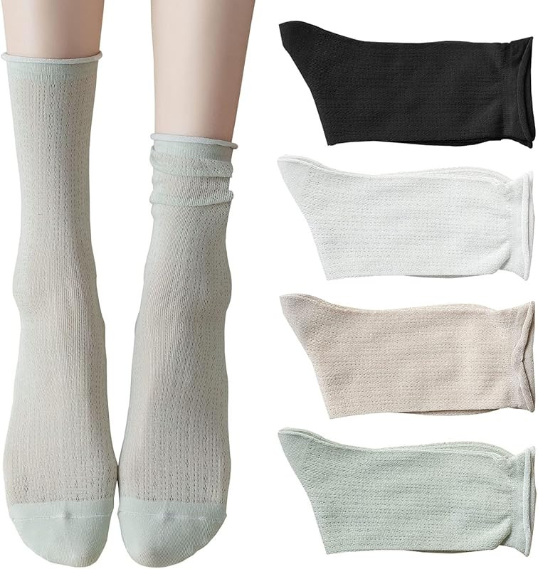 ZRYLIBYA Women Cute Roll Top Turn Cuff Slouch Socks Hollow Out Crochet Solid Casual Crew Socks 4 ... | Amazon (US)