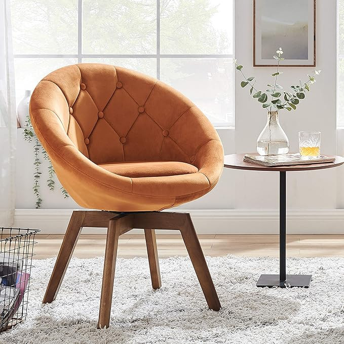 Volans Mid Century Modern Velvet Tufted Round Back Upholstered Swivel Accent Chair Orange with Wo... | Amazon (US)