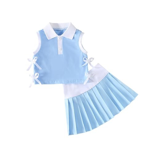 2Pcs Summer Clothes Toddler Baby Girl Golf Outfit Solid Sleeveless Polo Shirt and Pleated Mini Skirt Set (Blue, 18-24 Months) | Amazon (US)