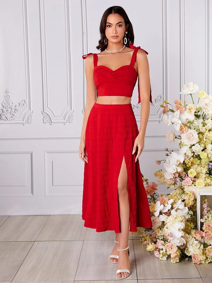 SHEIN Privé Shirred Back Tie Shoulder Cami Top & Slit Skirt | SHEIN