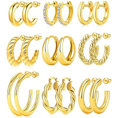 Adoyi 9 Pairs Gold Hoop Earrings Set for Womens Twisted Huggie Hoops… | Amazon (US)