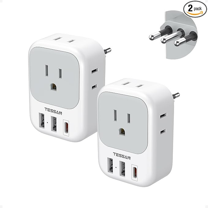 TESSAN Italy Travel Plug Adapter 2 Pack, Italy Power Adaptor with 4 Outlets 3 USB Charger(1 USB C... | Amazon (US)