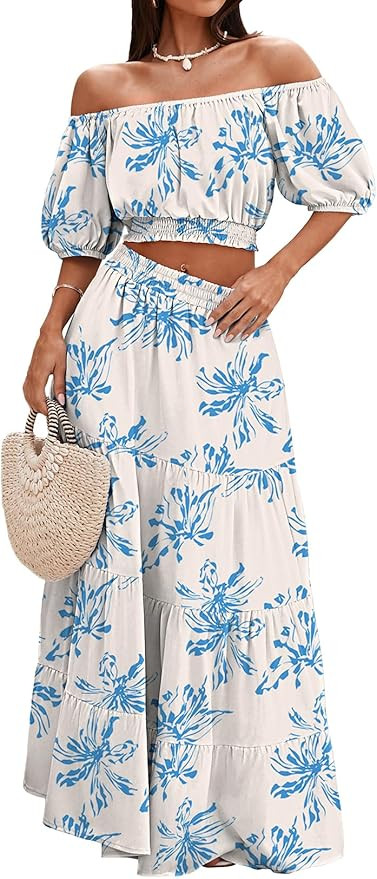 HUUSA 2026 Summer 2 Piece Boho Outfits for Women Short Sleeve Off Shoulder Crop Top and High Wais... | Amazon (US)