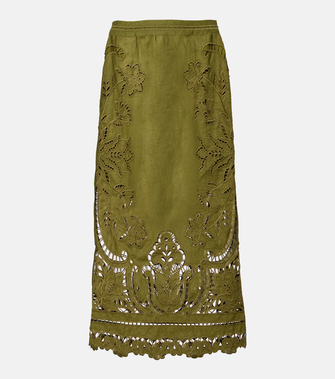 Floral lace-trimmed linen midi skirt | Mytheresa (US/CA)