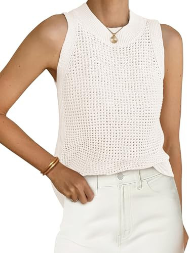 PRETTYGARDEN Summer Crochet Tank Tops for Women 2025 Casual Crewneck Hollow Out Loose Knit Sleeveless Sweater Vest Top Trendy(White,X-Large) | Amazon (US)