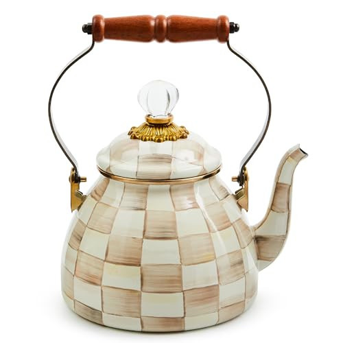 MACKENZIE-CHILDS Enamel Tea Kettle, Stylish Tea Kettle for Stovetop, Brown-and-White Mocha Check, 2 Quarts | Amazon (US)
