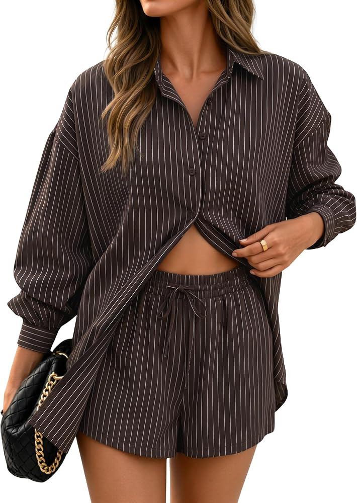 ZESICA Womens 2 Piece Long Sleeve Striped Plaid Casual Fall Shorts Sets | Amazon (US)