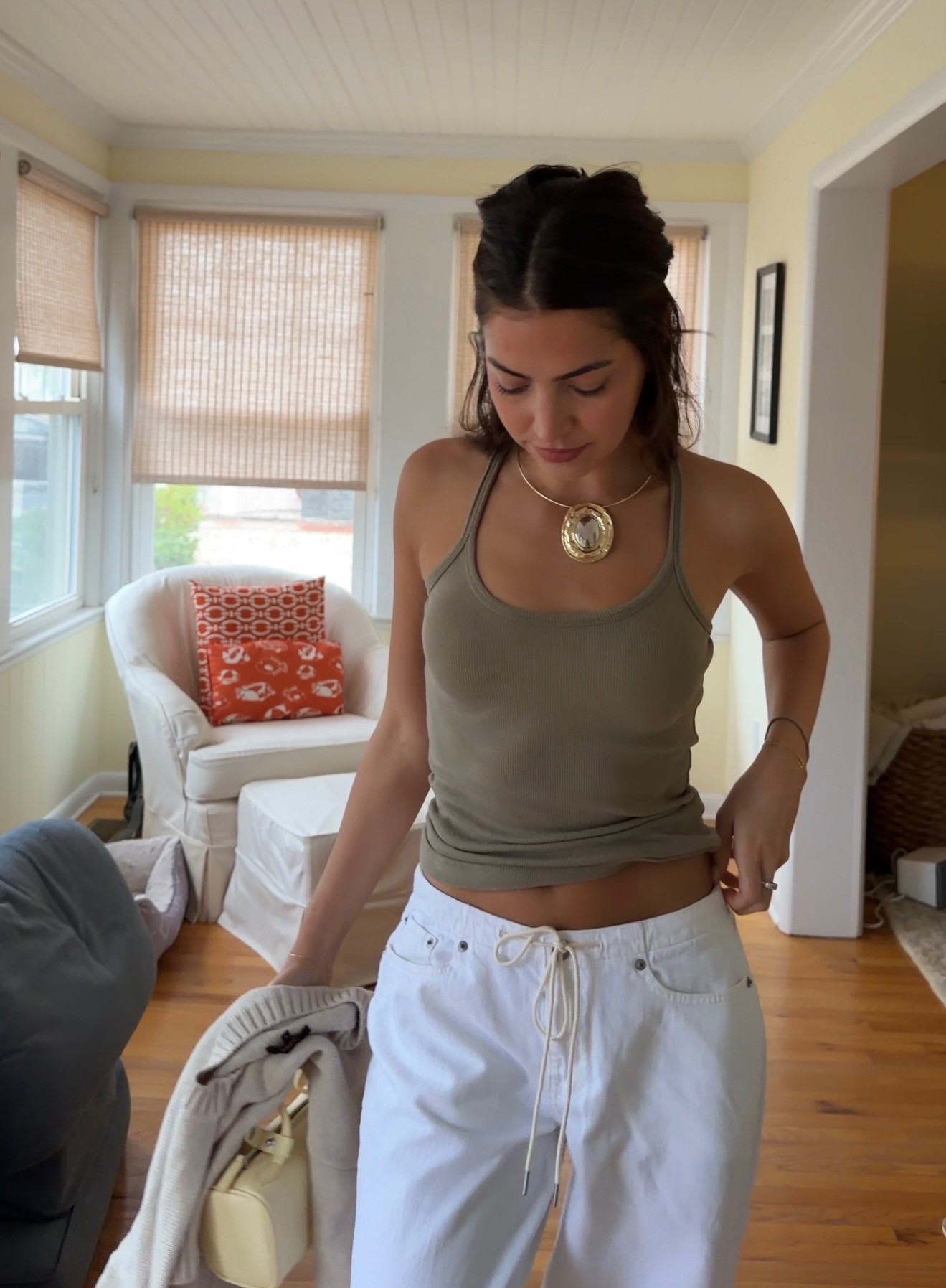 Easy summer outfit i’m obsessed with 🤍 These drawstring white pants are from Abercrombie and so good. Paired with a basic tank and a pop of color from the butter yellow bag for the easiest chic summer look!

Casual summer outfits
Summer outfits
Drawstring pants
Butter yellow bag
Summer accessories
Resort wear
Vacation outfit inspo 

 #LTKgrwm #LTKootd #LTKSeasonal