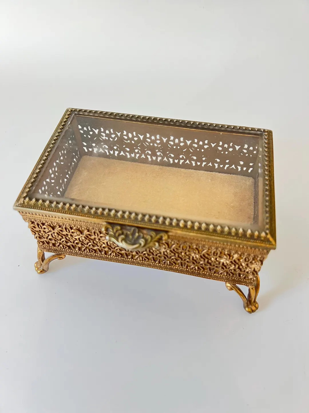 Vintage Gold Footed Hinged Filigree Jewelry Box Beveled Glass / Hollywood Regency/ Ornate Trinket... | Etsy (US)