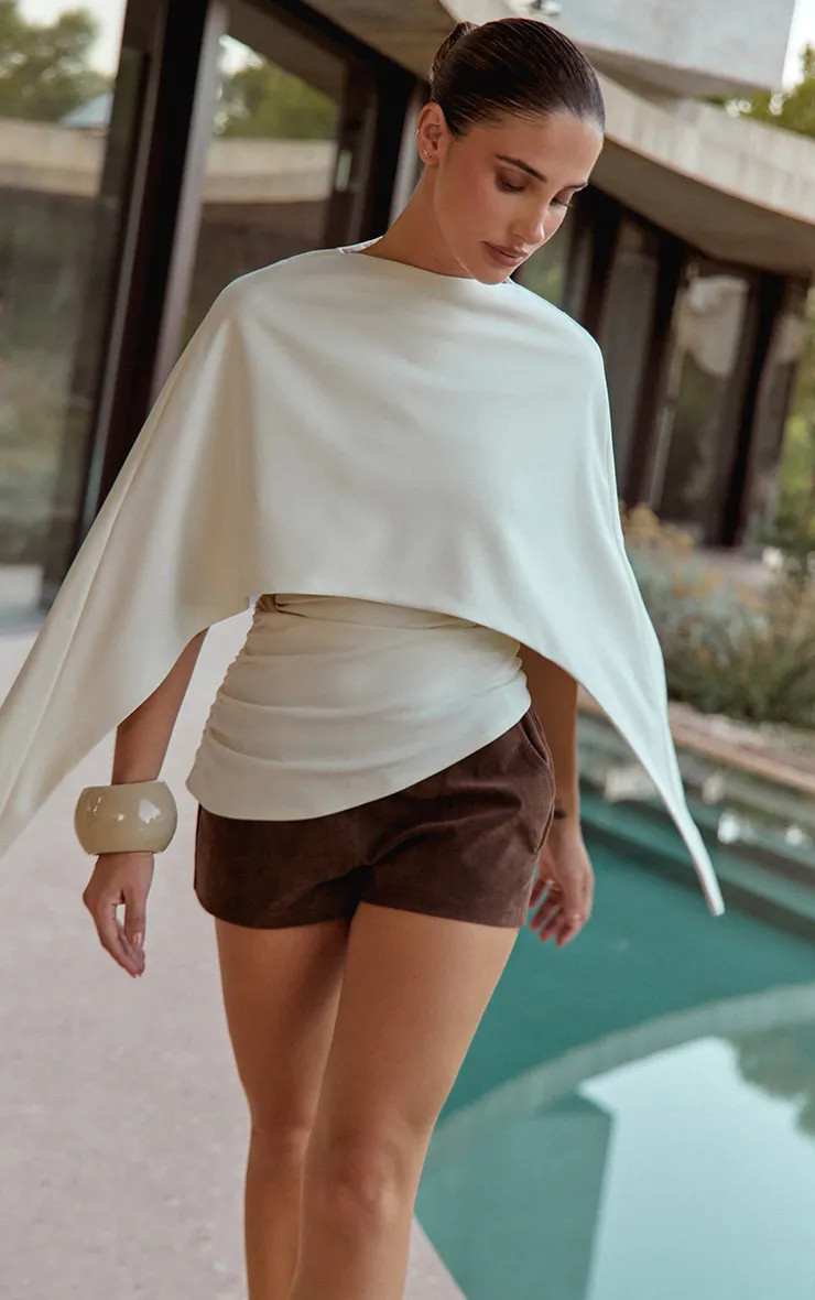 Ecru Woven Cape Detail Ruched Long Top | PrettyLittleThing | PrettyLittleThing UK