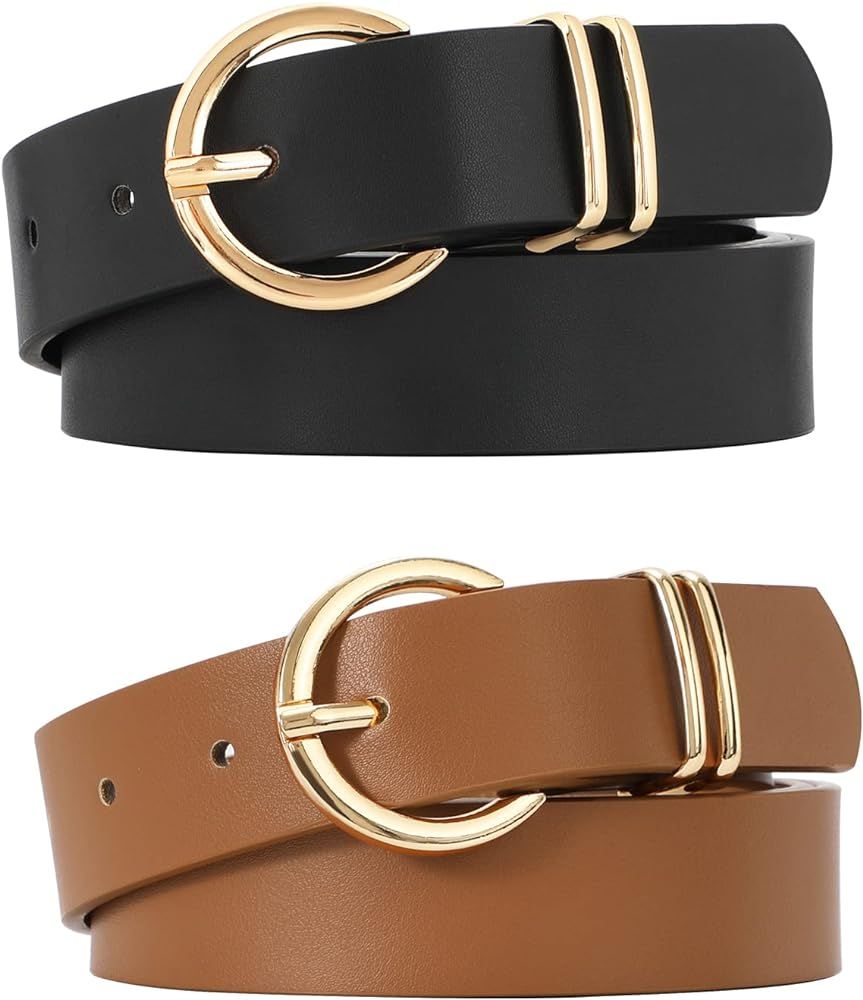 VONMELLI 2 Pack Women's Leather Belts for Jeans Dresses Fashion Gold Buckle Ladies Belt       
Ma... | Amazon (US)