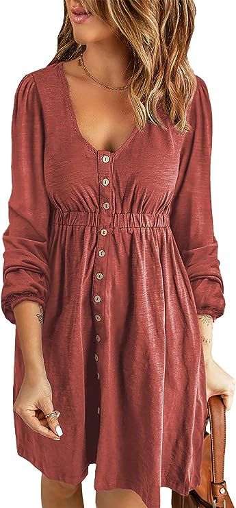 BTFBM Women 2022 Casual Button Down Fall Dress Long Sleeve Crew Neck Solid Color High Waisted Swi... | Amazon (US)