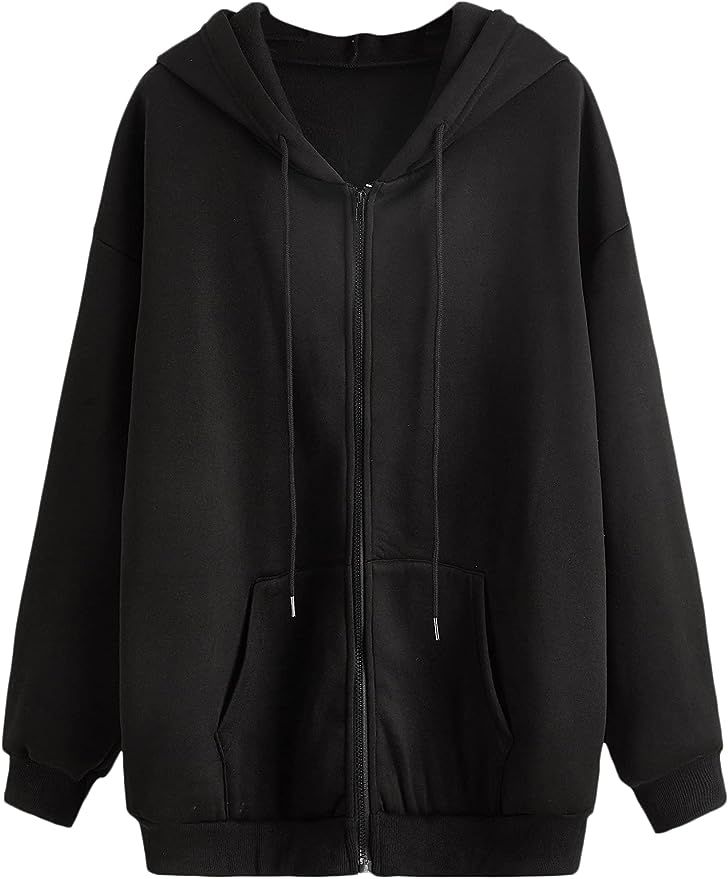 SHEIN Women's Oversized Long Sleeve Drawstring Drop Shoulder Zip Up Hoodie Sweatshirt | Amazon (US)