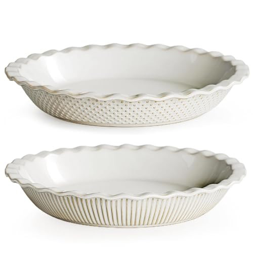 getstar Ceramic Pie Pan Set of 2, 9 inch Pie Dish for Baking, Non-Stick, Oven & Dishwasher Safe, Farmhouse Decor Quiche Baking Dish, Pie Plate, Deep Dish Pie Pan (Embossed Stripes+Dots) | Amazon (US)