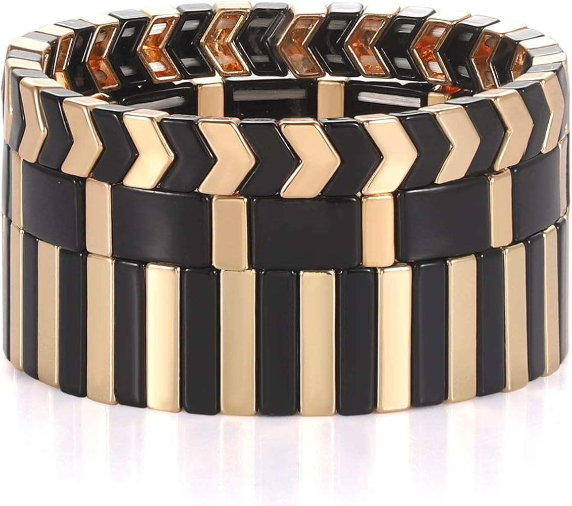 Rainbow Enamel Tile Bracelet Colorful Enameled Beaded Stretch Bracelet Stackable Color-Block Strand Bracelet Set for Women Men Jewelry gifts | Amazon (US)