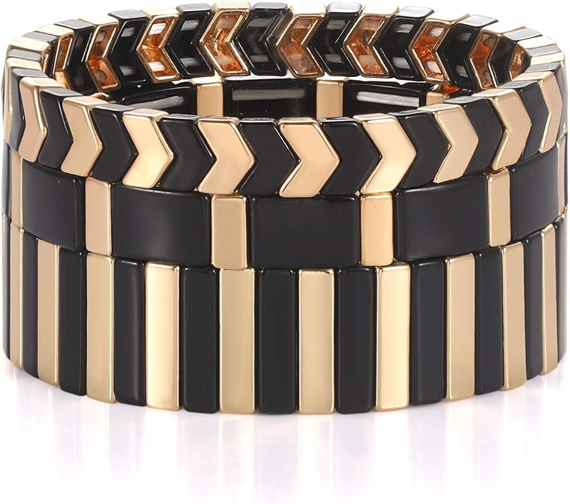 Rainbow Enamel Tile Bracelet Colorful Enameled Beaded Stretch Bracelet Stackable Color-Block Strand Bracelet Set for Women Men Jewelry gifts | Amazon (US)