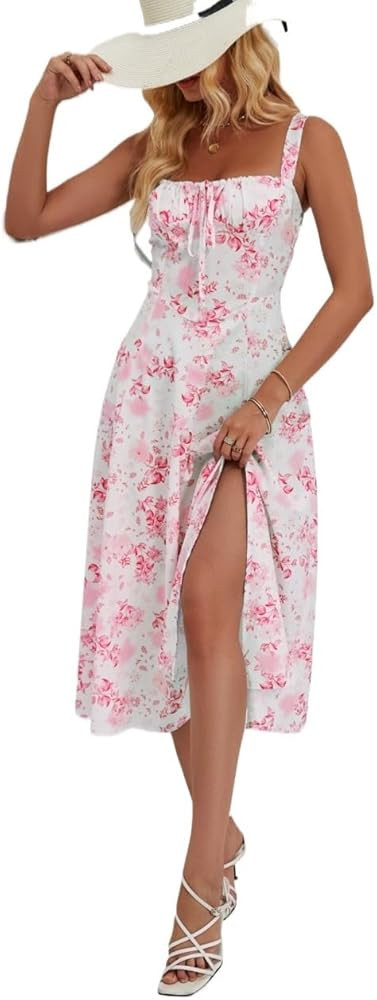 Women's Midi Sundress - Corset Fit Lace Up A Line Casual Dress for Wedding Guest & Daily Wear | Amazon (US)