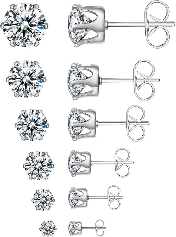 6 Pairs Stud Earrings Set,Clear Cubic Zirconia 316L Stainless Steel Earrings for Women Men 3-8mm | Amazon (US)