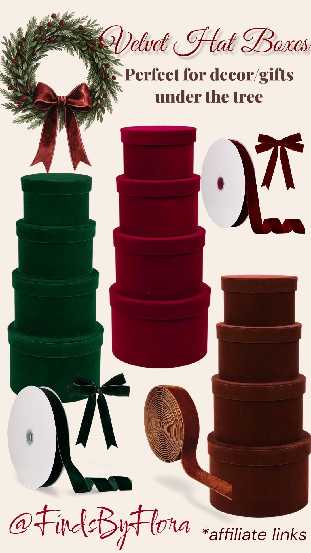 I found the prettiest velvet hat boxes perfect for holiday decor, & for gifting. How beautiful would these look u see the tree. They come in a variety of colours  Match your bow for that added wow factor!
Gift wrapping, gift box, holiday decor, Christmas decor  

#LTKhome #LTKcanada #LTKholiday