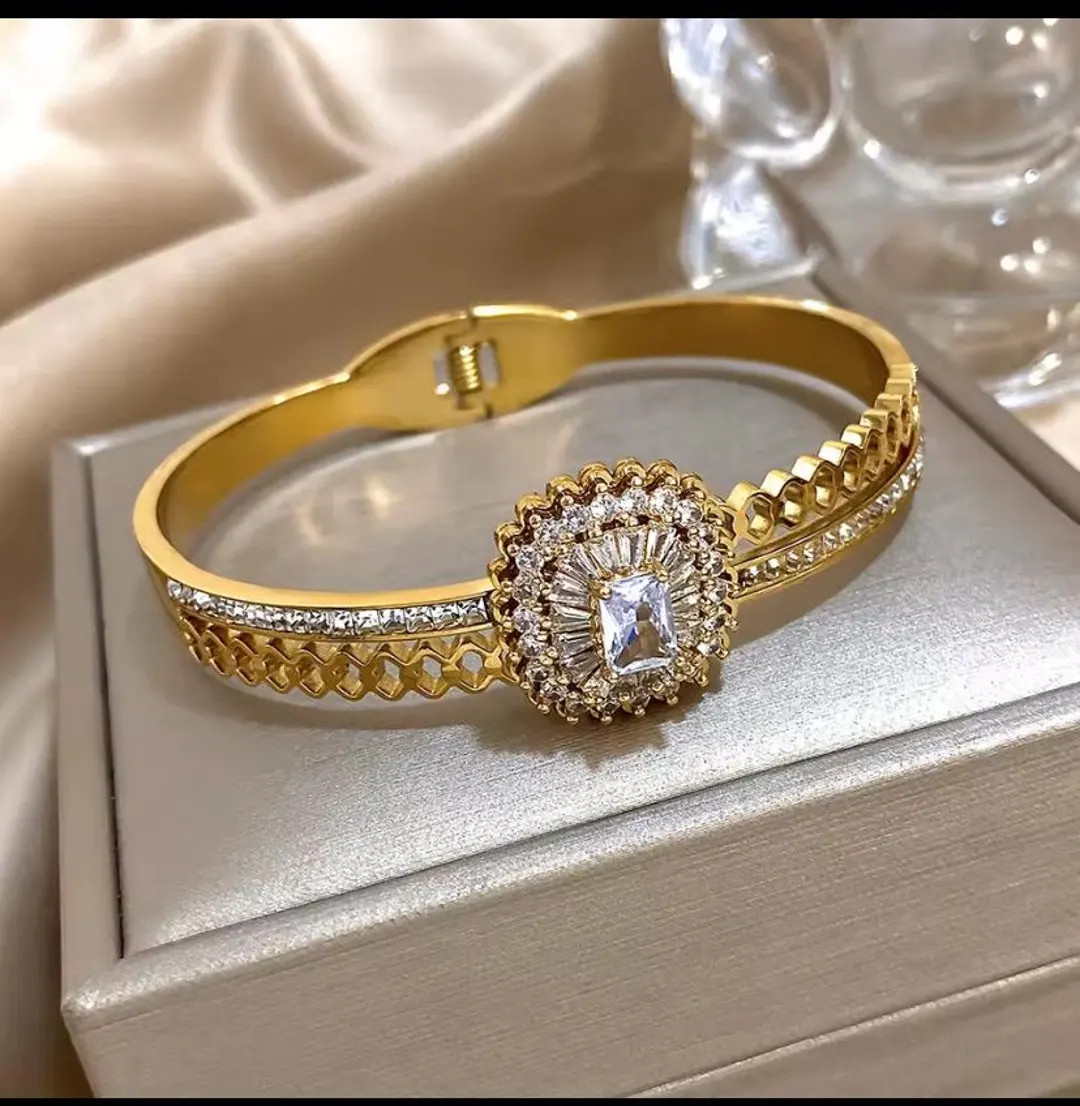 Gold Color Stainless Steel Bangle Bracelet with Cubic Zirconia | Etsy (US)