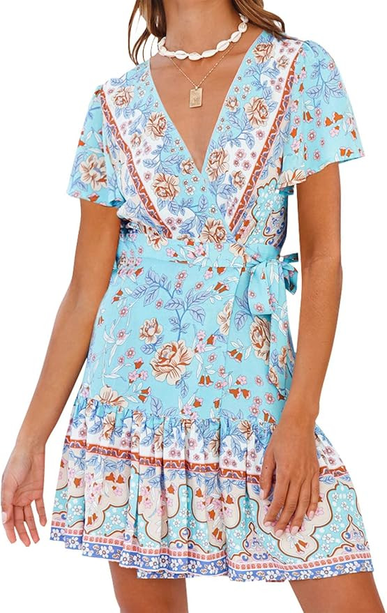 ZESICA Women's 2024 Summer Wrap V Neck Bohemian Floral Print Ruffle Swing A Line Beach Mini Dress | Amazon (US)