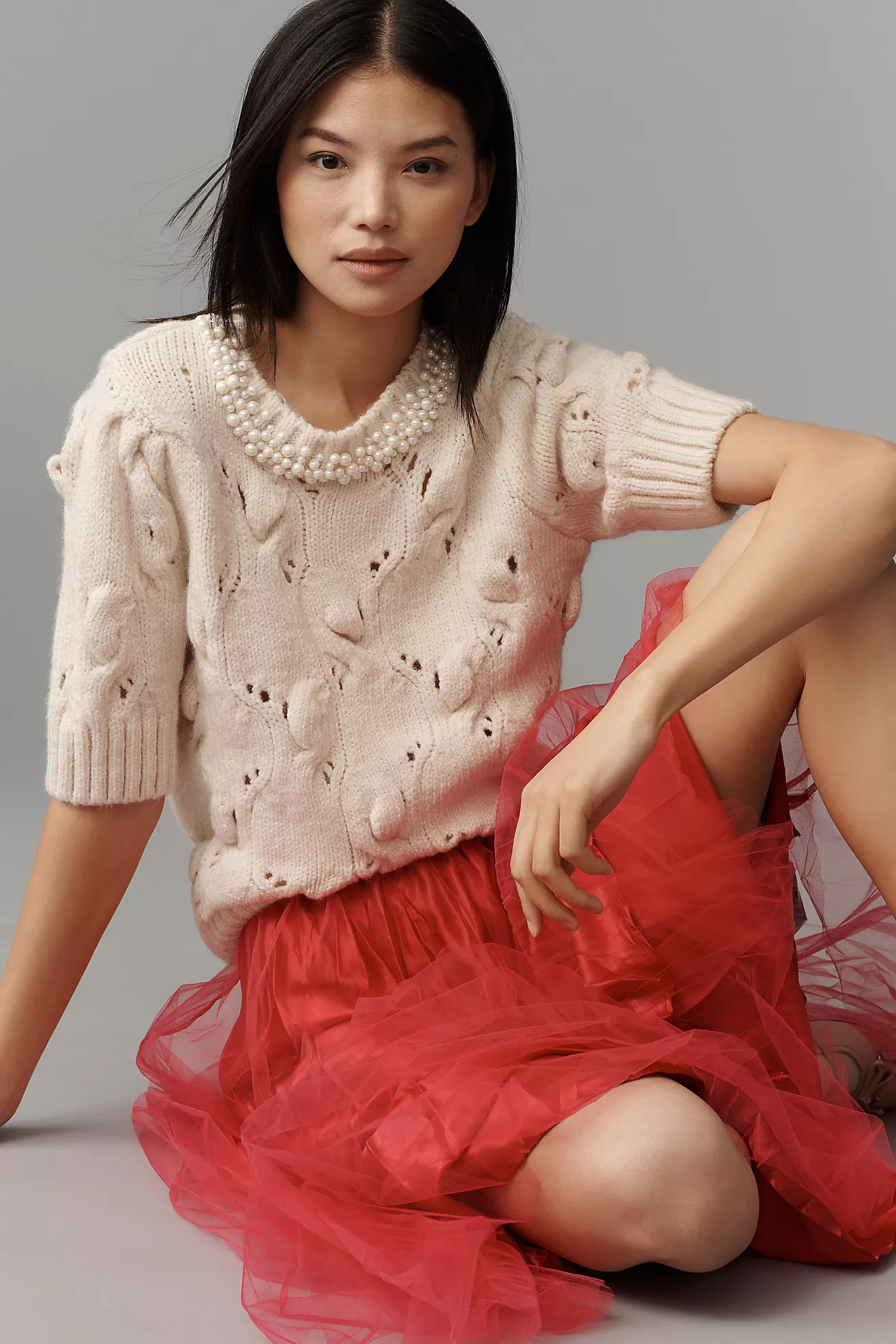 Maeve Pearl Necklace Cable Sweater Tee | Anthropologie (US)