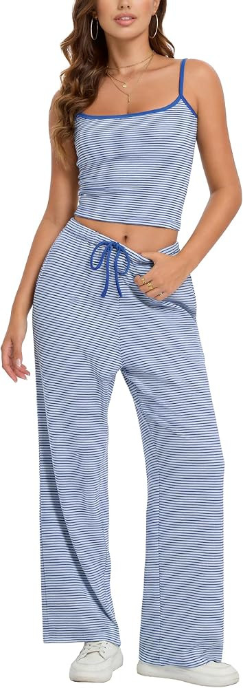 FAIABLE 2 Piece Sets for Women Striped Cami Wide Leg Pants Y2K Lounge Set Vacation Summer Beach C... | Amazon (US)
