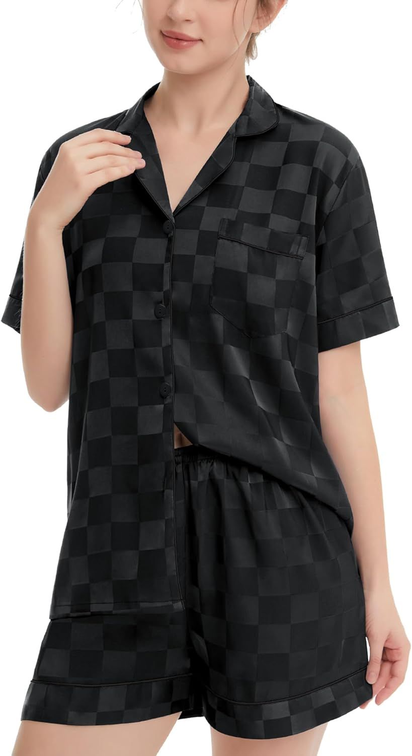 SWOMOG Women's Silk Satin Pajamas Set Short Sleeve Sleepwear Button Down Loungewear Checker Top a... | Amazon (US)