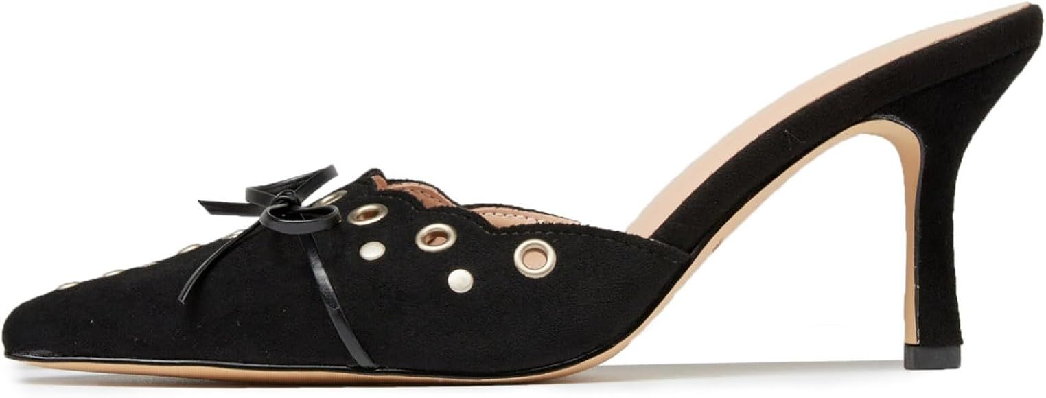 Kiwufoder Women Sandals Studded Bow Kitten Heels Faux Suede Fashion Dress Heeled Shoes | Amazon (US)