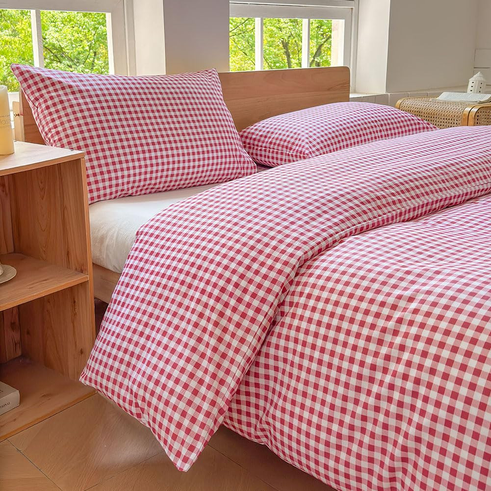 NSNLGSGC Red Gingham Grid Duvet Cover Set Queen, 100% Washed Cotton Plaid Comforter Cover Set,Ult... | Amazon (US)