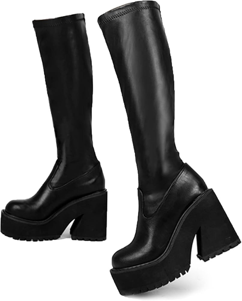 AMINUGAL Womens Elastic Knee High Boots Platform Chunky Block High Heel Sock Boots Zipper Round T... | Amazon (US)