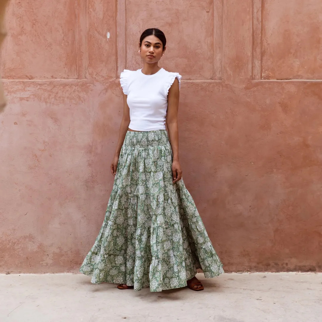 Block Print Maxi Skirt in Soft Green - Etsy | Etsy (US)