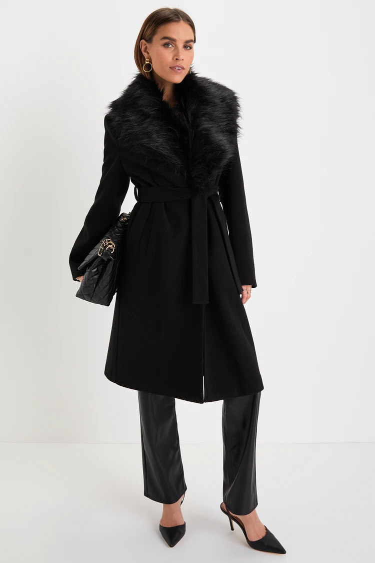 Essential Sophistication Black Faux Fur Collar Belted Coat | Lulus