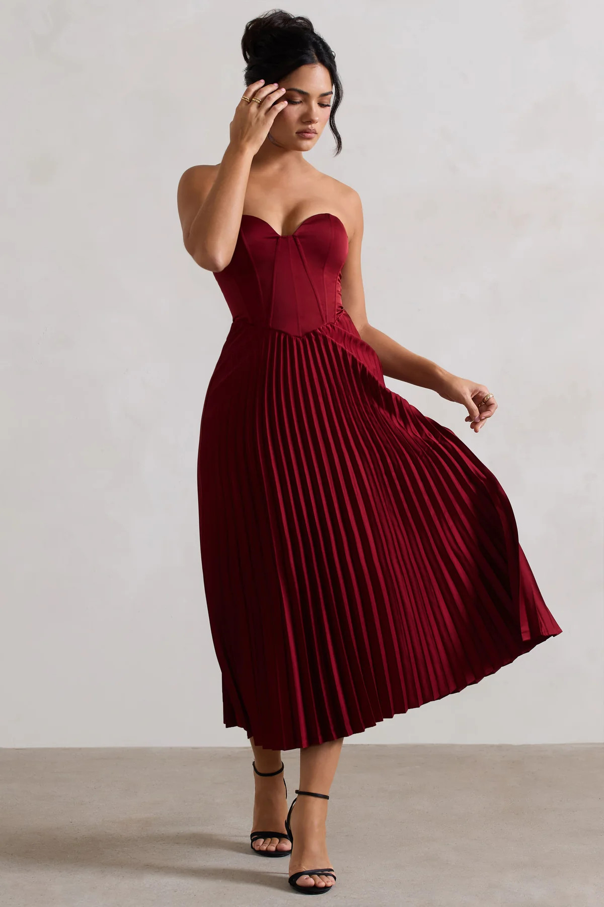 Bordeaux | Berry Satin Corset Style Midi Dress | Club L London