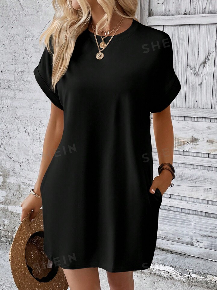 SHEIN LUNE Solid Batwing Sleeve Hidden Pocket Tee Dress | SHEIN