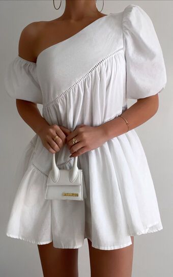 Harleen Mini Dress - Linen Look Asymmetrical Trim Puff Sleeve Dress in White | Showpo (US, UK & Europe)