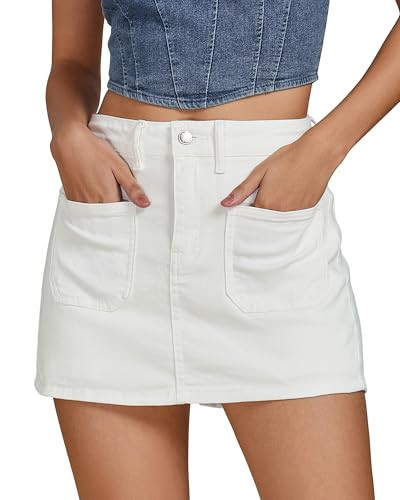 luvamia Denim Skorts for Woman Trendy High Waisted Stretchy Jean Shorts for Women Casual Country Concert Outfits Skirts Patch Pocket Mini Skort Cream White Large US Size 12 Size 14 | Amazon (US)