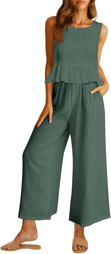 AUTOMET Womens Summer 2 Piece Outfits Linen Crop Tank Tops Lounge Matching Sets & Long Track Pant... | Amazon (US)