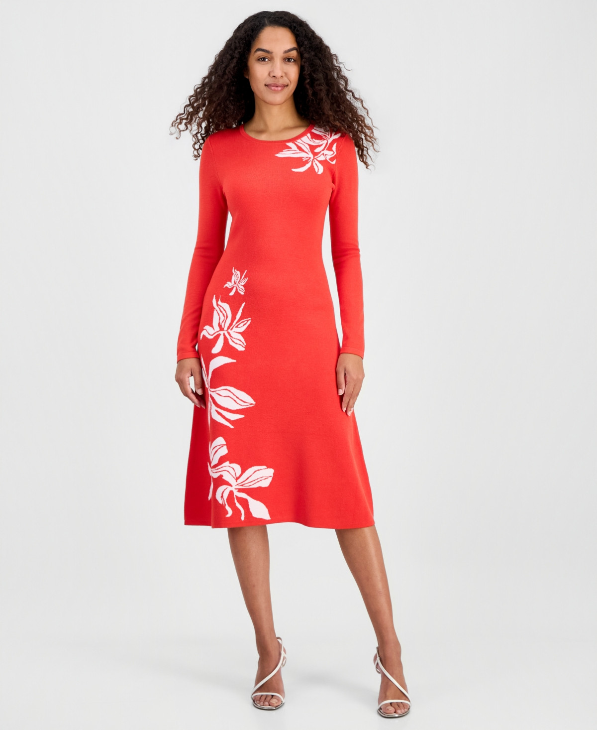 T Tahari Women's Jacquard Florals Fit & Flare Sweaterdress - Orchid / White | Macy's