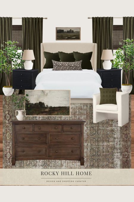 Green primary bedroom design with tan bed, ivory chair, green velvet curtains, wood dresser, olive green pillows, white lamps, loloi rug

#LTKstyletip #LTKhome