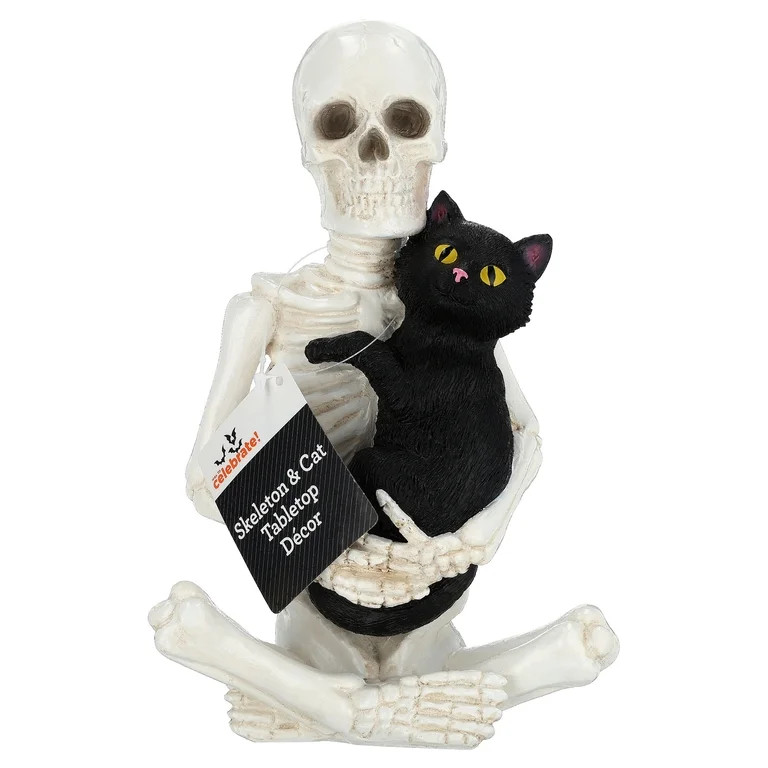 Skeleton and Cat Decoration, Black and White, 7", Halloween by Way To Celebrate | Walmart (US)