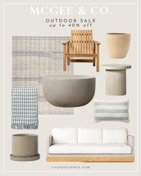 McGee and Co outdoor sale. Patio furniture. Outdoor coffee table. Lounge patio chair. Outdoor sofa. Outdoor throw. Outdoor striped pillow. Planter. Fiberstone. Outdoor decor. Spring decor. Outdoor woven rug. Patio side table. 

#LTKSeasonal #LTKhome #LTKsalealert