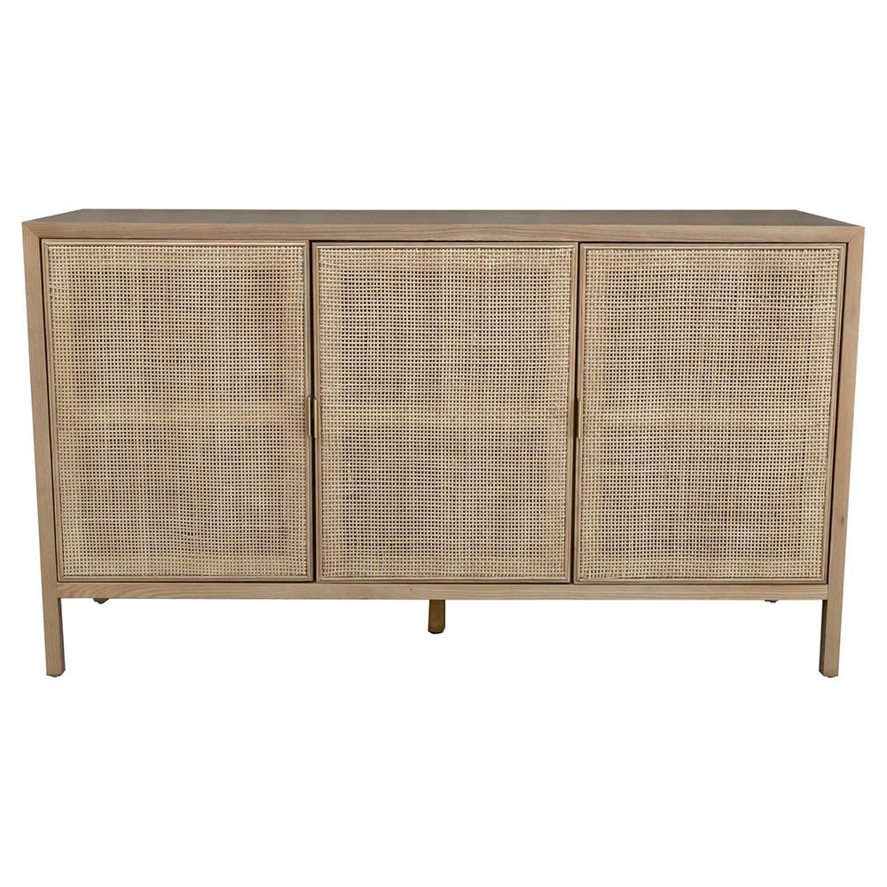 Ronaldo Coastal Beach Natural Oak Wood Woven Rattan 3 Door Sideboard | Kathy Kuo Home