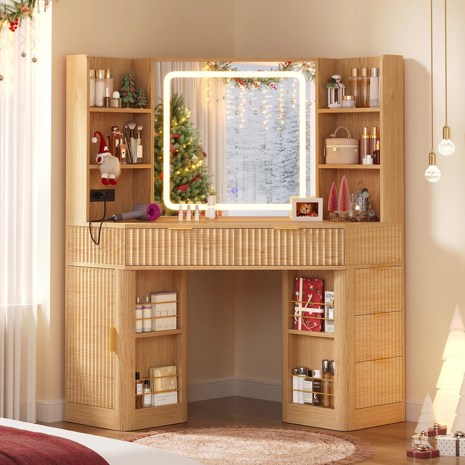 Fluted Makeup Corner Vanity Desk With Large Mirror And Lights, Vanity With 5 Drawer and Power Str... | Wayfair North America