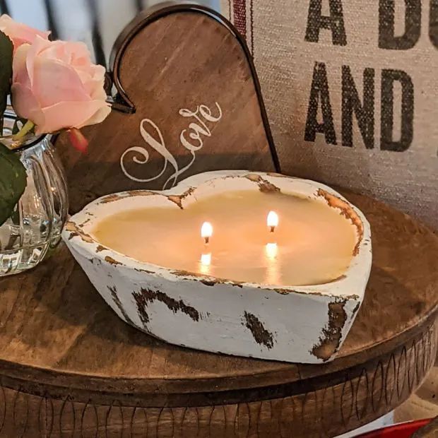 Lovers Lane Heart Shaped Dough Bowl Candle 2 Wick | Antique Farm House