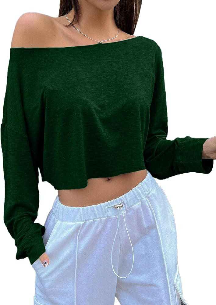 Avanova Women Off The Shoulder Crop Tops Long Sleeve T Shirts Oversized Loose Tee | Amazon (US)